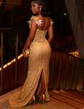 Gorgeous Gold Mermaid High-slit Sequined Long Prom Dress Evening Dress With Beads HZ0311
