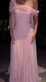 Charming Mermaid Off The Shoulder Pink Chiffon Long Prom Dresses Evening Outfits Formal Dress HZ0311