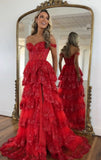 Classy Elegant Off The Shoulder Red Lace Marine Ball Dresses Long Dinner Formal Gowns With Layers Prom Dresses Evening Outfit HZ0311