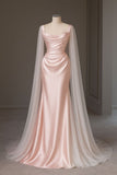 Lovely Pink Satin Mermaid Long Party Dress with Tulle, Pink Satin Floor Length Prom Dress HZ0311