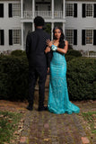 Sexy Mermaid Spaghetti Strap Blue Lace Long Prom Dress Graduation Formal Dresses For Teens HZ0311