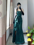 Pretty Sheath Strapless Floor Length Ruffles Slit Green Satin Prom Dresses HZ0311