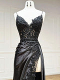 Classy Spaghetti Straps Mermaid Wine Red V Neck Satin Lace Long Prom Dresses Formal Dress HZ0311