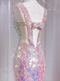 Sparkly Mermaid Sweetheart With Straps Pink Sequined Formal Evening Dress Gowns Long Prom Dresses HZ0311