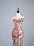 Modest Mermaid Sweetheart Pink Sequin With Pleated Ruffles Long Prom Dresses Night Semi Formal Dresses HZ0311