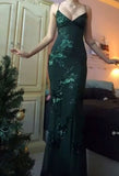 Sexy Mermaid Spaghetti Straps Lace Forest Green Sequin Lace-Up Maxi Prom Dress HZ0311