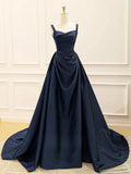 Modest Ball Gown Straps Satin Dark Blue Long Prom Dress Navy Blue Long Formal Dress HZ0311