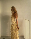 Modest Sheath Strapless Yellow Chiffon Floral Long Prom Dresses Party Dress 22th Birthday Outfits Graduation Dress HZ0311