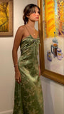Simple A line Halter Floral Green Satin Long Formal Gowns Prom Dresses Satin Evening Dress HZ0311