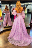 Modest A Line Sweetheart Lilac Lace With Slit Gloves Prom Dresses Long Sweet 16 Birthday Party Dress Evening Dresses HZ0311