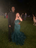 Charming Mermaid Spaghetti Straps Green Lace Tulle Inspiration Long Prom Dresses Evening Party Dress Prom Gowns HZ0311