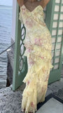 Unique Mermaid Spaghetti Straps Yellow Lace Chiffon Prom Dresses Long Party Dress 21st Birthday Outfits Graduation Gown HZ0311