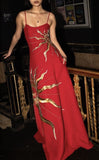 Unique A Line Spagehtti Straps Red Satin With Gold Beads Long Prom Dresses Formal Gown Inspo Evening Outfits HZ0311