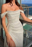 Beige Off Shoulder Mermaid Sequin Long Prom Dresses Elegant Evening Gowns with Slits HZ0311