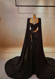 Unique Mermaid Black Satin With Cape Long Prom Dresses Formal Gown Inspo Evening Outfits HZ0311