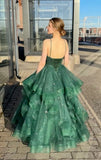 Modest Ball Gown Spaghetti Strap Emerald Green Tulle Prom Dresses Long Sweet 16 Birthday Party Dress Evening Dresses HZ0311