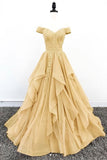 Unique Ball Gown Off The Shoulder Gold Chiffon Prom Dresses With Lace Long Party Dress 22th Birthday Outfits Graduation Dress HZ0311
