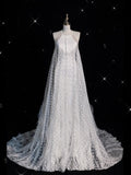 Charming Women's Mermaid Scoop Sleeveless White Tulle Pleated Long Wedding Dresses HZ0311