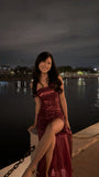 Elegant Mermaid Spaghetti Straps Burgundy Deep Red Sequins Slit Long Prom Dresses Formal Party Gowns Vestidos De Dia HZ0311