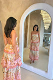 Elegant Spaghetti Straps Floral Print Ruffles Long Prom Dress Party Gowns HZ0311