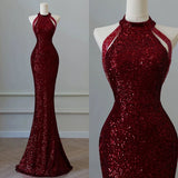 Sparkly Sequin Mermaid High Neck Burgundy Sequin With Beads Prom Dresses Inspiration Evening Gowns For Women Formal Party Prom Dress HZ0311