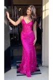 Sparkly Mermaid Spaghetti Straps Hot Pink Sequined For Women Party Dresses Long Formal Prom Dress 22th Birthday Gown HZ0311