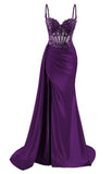 Unique Mermaid Spaghetti Strap Grape Satin Prom Dresses With Lace Long Party Dress 22th Birthday Outfits Graduation Dress HZ0311