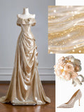 Sparkling Mermaid Off The Shoulder Gold Satin Long Prom Dresses Impress 18th Birthday Outfits Party Gown HZ0311