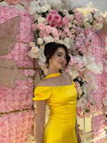 Gorgeous Yellow Sheath Off The Shoulder Yellow Satin High Slit Prom Dresses With Scarf HZ0311