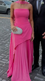 Modest Sheath Strapless Hot Pink Chiffon Prom Dresses Inspo Simple Long Prom Gowns With Scarf HZ0311
