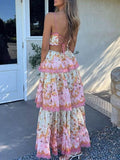 Elegant Spaghetti Straps Floral Print Ruffles Long Prom Dress Party Gowns HZ0311