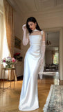 Simple Mermaid Square Neck White Satin Prom Dresses Long Evening Formal Gown Wedding Guest Party Gowns HZ0311