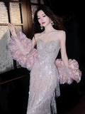 Glittery Sheath Strapless With Tassels Beads Sleeveless Pink Prom Dresses Inspiration Long Night Outfits Birthday Outfits HZ0311
