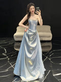 Glittery A Line Strapless Light Blue Sleeveless Prom Dresses Inspiration Long Night Outfits Birthday Outfits HZ0311
