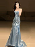 Glitter Mermaid Strapless Light Blue Sleeveless Prom Dresses Inspiration Long Night Outfits 18th Birthday Outfits HZ0311
