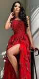 Vintage A Line One Shoulder Red Lace With Slit For Women Party Dresses Formal Prom Dress Inspo 22th Birthday Gown HZ0311