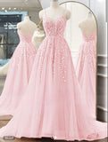 Retro A Line Spaghetti Strap Pink Tulle Lace Backless Fitted Long Prom Dresses Prom Gowns HZ0311