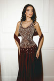 Unique A Line V Neck Burgundy Wine Red Beads With Scarf Prom Dresses Formal Gown Inspo Evening Outfits HZ0311