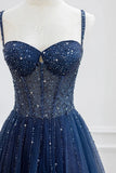 Modest A line Spaghetti Straps Navy Blue Tulle With Silver Beads Prom Dresses Long Party Dress Evening Dresses HZ0311