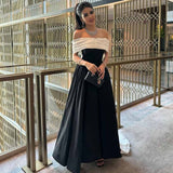 Women's Cocktail Party Gowns Satin A-line Celebrity Dress Black Off-the-shoulder Prom Dresses Online HZ0311