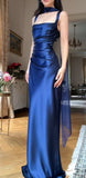 Square Neck Sheath Long Prom Dresses, Satin Navy Blue Formal Dresses HZ0311