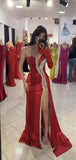 Classy Mermaid One Shoulder Red Satin Slit Long Inspo For Women Girls Formal Party Gowns Prom Dresses HZ0311