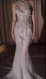 Glitter Mermaid High Neck White Silver Beaded Long Prom Dresses With Train Inspiration Evening Gowns For Women Formal Party Dress HZ0311