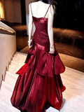 Elegant Mermaid Spaghetti Straps Burgundy Chiffon Long Prom Dress Formal Evening Dresses HZ0311