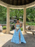 Unique Ball Gown Sweetheart Blue Chiffon Slit Prom Dresses Formal Long Tiered Evening Party Gowns Vestidos De Dia HZ0311