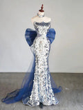 Glitter Silver Sequins Mermaid Evening Dress Long Prom Dress With Bow For Teenagers High Schools HZ0311
