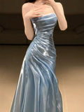 Light Blue Strapless Pleated Prom Dresses Evening Formal Gown Semi Formal Grad Long Prom Dress For Teens HZ0311
