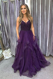 Modest Purple tulle long A line prom dress with beads Formal Party Gown HZ0311