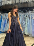 Modest A Line Spaghetti Straps Navy Blue Satin With Beadings Backless Party Long Prom Dresses HZ0311
