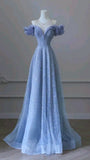Dream A line Off The Shoulder Blue Tulle Ruched Tops Prom Dress Inspo Women Long Formal Dance Evening Party Gowns HZ0311
